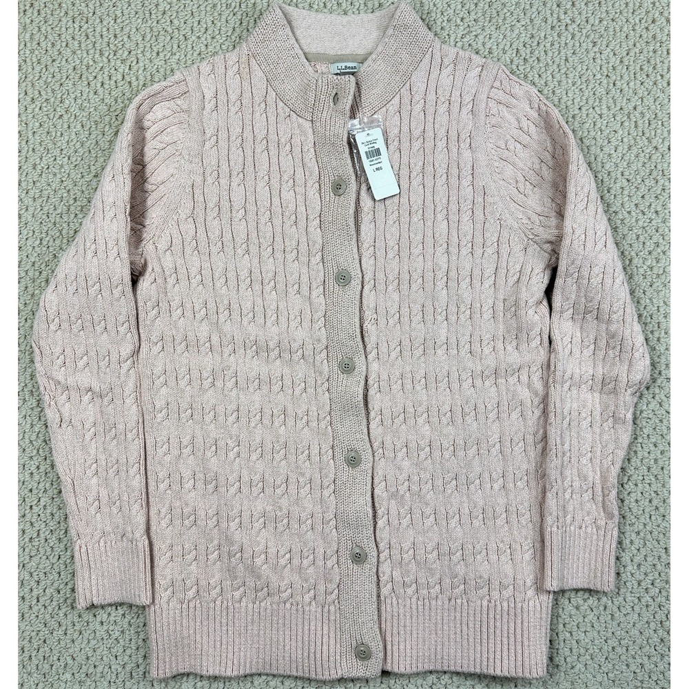 LL Bean Sweater Womens L Woodrose Marl Double L Button Cable Knit Cardigan NEW